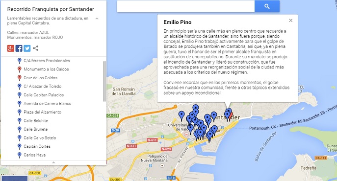 Mapa detallado de las calles franquistas de Santander.