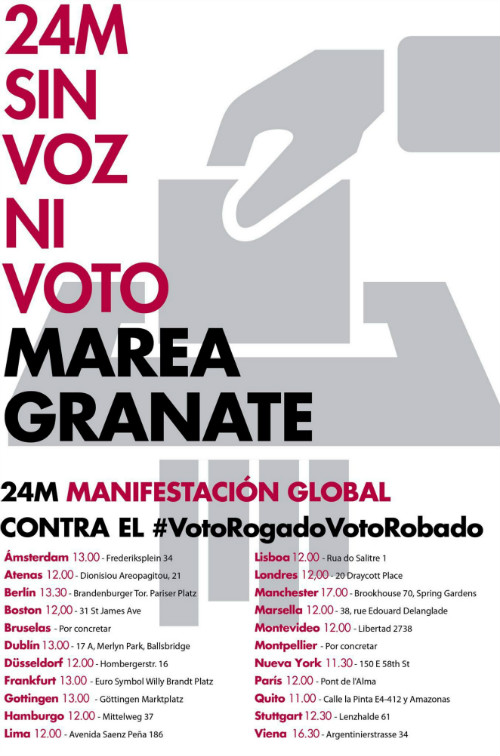 La Marea Granate se manifestará en los Consulados de varios países este 24M para denunciar el 'robo' de su voto.