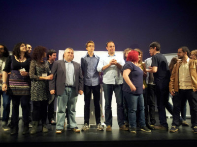 Alberto Bolado, Iñigo Errejón, José Ramón Blanco y Verónica Ordoñez acompañados del resto de la candidatura de Podemos al Parlamento de Cantabria.