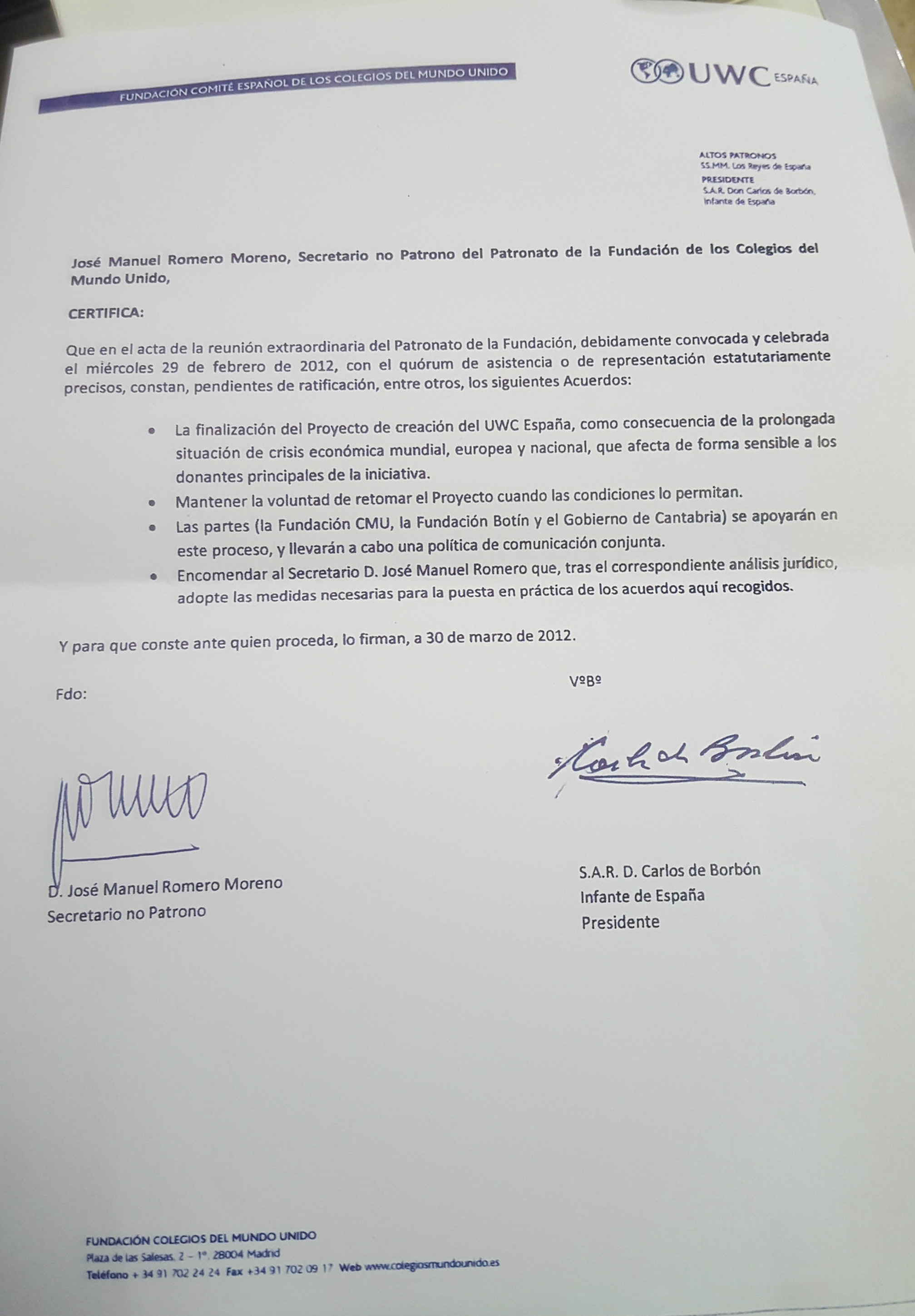 Carta en la que Colegios del Mundo "finalizó" hasta que "las condiciones lo permitan" el proyecto Comillas.