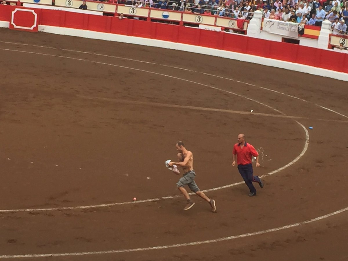 Uno de los dos activistas que saltó al ruedo de Cuatro Caminos este sábado. Foto: PorGaoneras -@toros_santander