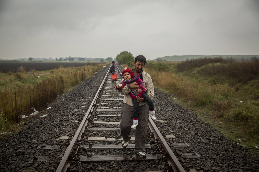A father and his baby walking in the rail way in Hungary, a few metres of the border with Serbia.